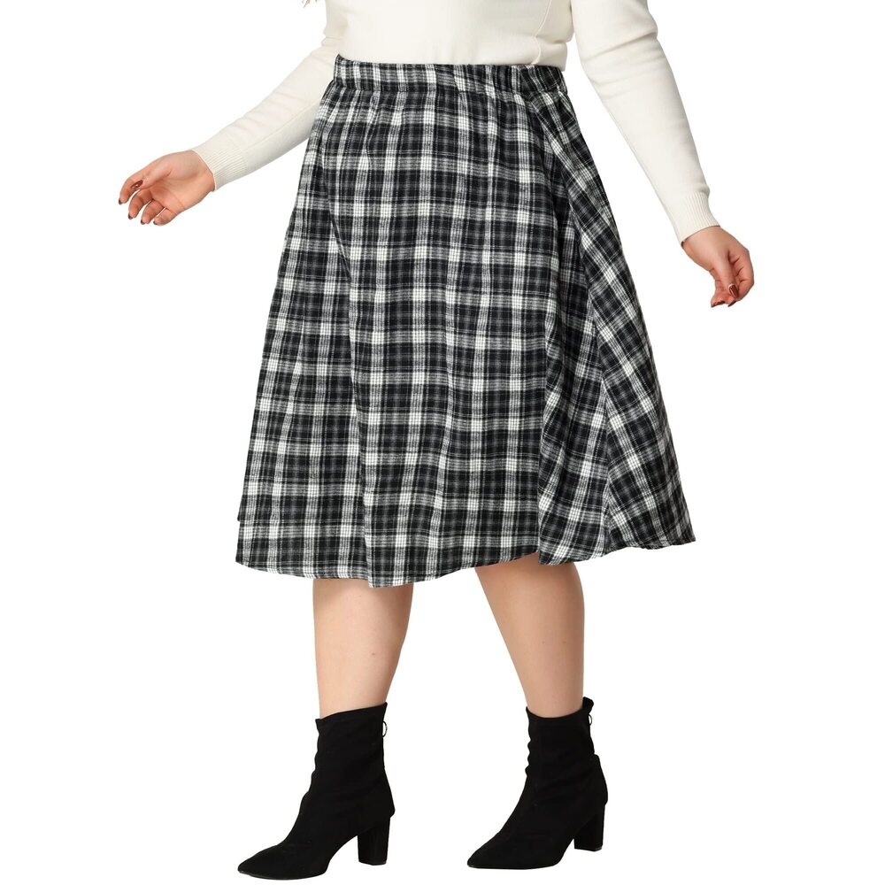 4449 Plus Size Skirts A Line Knee Length Plaid Print Flare Skirt 4X Black